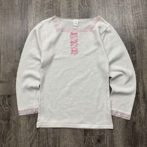Vintage Camelot Coquette Pink Ribbon Bow Lace Long Sleeve Top
